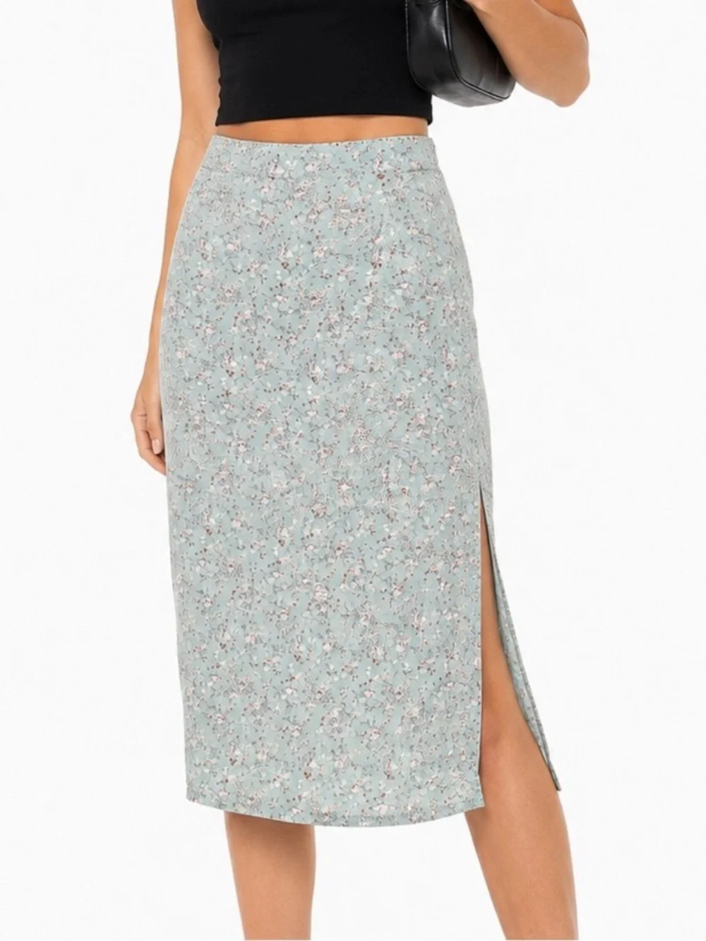 Mint Green Floral Midi Skirt with Slim Silhouette